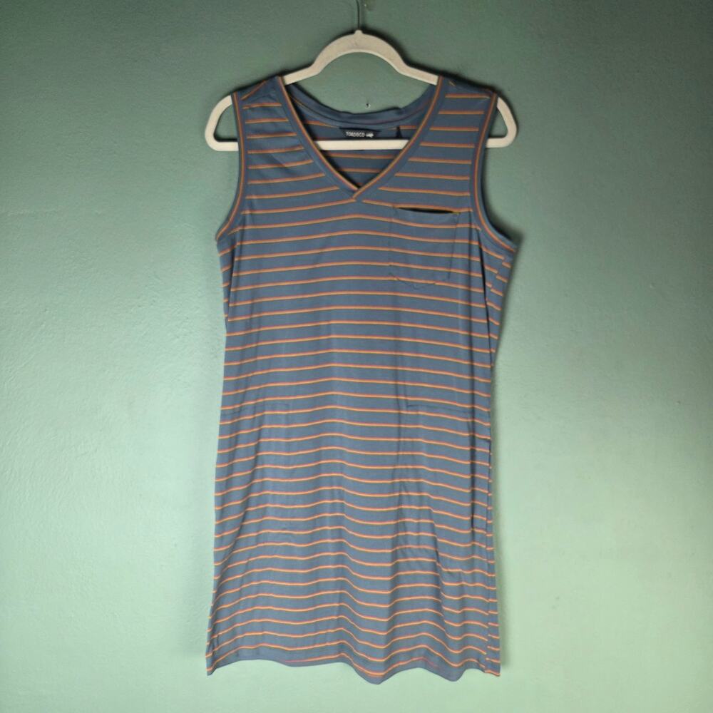 Toad & Co Womens Medium Blue Striped Swiftly Tank VNeck Dress Stretch Pockets